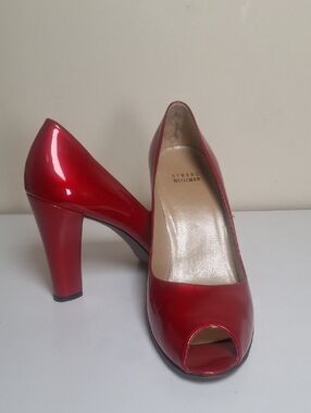 Stuart Weirzman Peep Toe Red Patent Block Heels Size 9.5